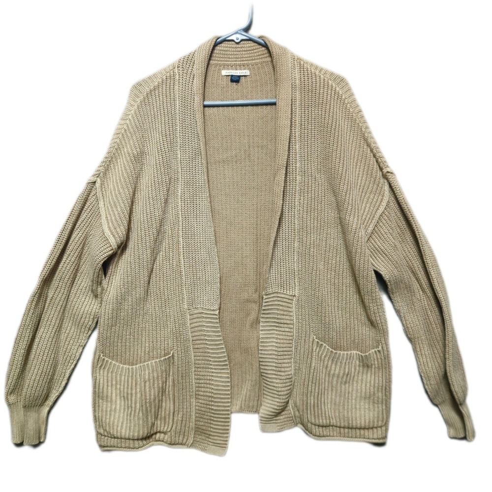 American Eagle Womens M Tan Cotton Shaker Cable Knit Open Front Cardigan Sweater